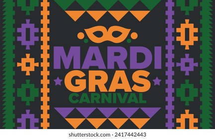 Mardi Gras Carnival in New Orleans. Fat Tuesday. Traditional holiday, celebration annual. Folk festival, costume masquerade, fun party. Carnival mask. Poster, card, banner and background. Vector