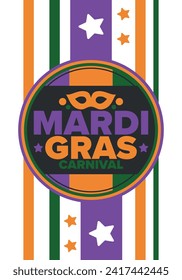 Mardi Gras Carnival in New Orleans. Fat Tuesday. Traditional holiday, celebration annual. Folk festival, costume masquerade, fun party. Carnival mask. Poster, card, banner and background. Vector