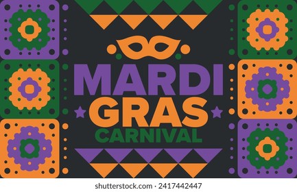 Mardi Gras Carnival in New Orleans. Fat Tuesday. Traditional holiday, celebration annual. Folk festival, costume masquerade, fun party. Carnival mask. Poster, card, banner and background. Vector