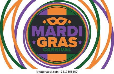 Mardi Gras Carnival in New Orleans. Fat Tuesday. Traditional holiday, celebration annual. Folk festival, costume masquerade, fun party. Carnival mask. Poster, card, banner and background. Vector