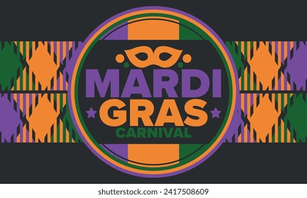 Mardi Gras Carnival in New Orleans. Fat Tuesday. Traditional holiday, celebration annual. Folk festival, costume masquerade, fun party. Carnival mask. Poster, card, banner and background. Vector