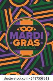 Mardi Gras Carnival in New Orleans. Fat Tuesday. Traditional holiday, celebration annual. Folk festival, costume masquerade, fun party. Carnival mask. Poster, card, banner and background. Vector