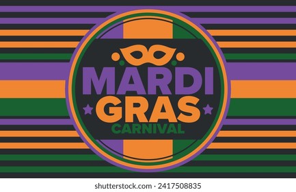 Mardi Gras Carnival in New Orleans. Fat Tuesday. Traditional holiday, celebration annual. Folk festival, costume masquerade, fun party. Carnival mask. Poster, card, banner and background. Vector