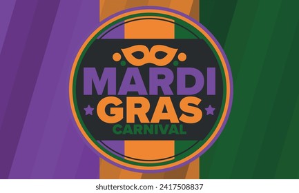 Mardi Gras Carnival in New Orleans. Fat Tuesday. Traditional holiday, celebration annual. Folk festival, costume masquerade, fun party. Carnival mask. Poster, card, banner and background. Vector