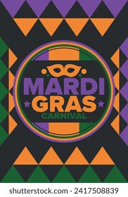 Mardi Gras Carnival in New Orleans. Fat Tuesday. Traditional holiday, celebration annual. Folk festival, costume masquerade, fun party. Carnival mask. Poster, card, banner and background. Vector