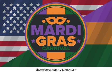 Mardi Gras Carnival in New Orleans. Fat Tuesday. Traditional holiday, celebration annual. Folk festival, costume masquerade, fun party. Carnival mask. Poster, card, banner and background. Vector