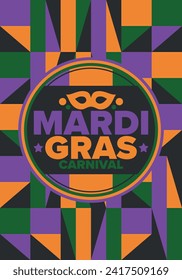 Mardi Gras Carnival in New Orleans. Fat Tuesday. Traditional holiday, celebration annual. Folk festival, costume masquerade, fun party. Carnival mask. Poster, card, banner and background. Vector