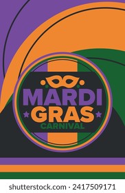 Mardi Gras Carnival in New Orleans. Fat Tuesday. Traditional holiday, celebration annual. Folk festival, costume masquerade, fun party. Carnival mask. Poster, card, banner and background. Vector