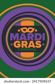 Mardi Gras Carnival in New Orleans. Fat Tuesday. Traditional holiday, celebration annual. Folk festival, costume masquerade, fun party. Carnival mask. Poster, card, banner and background. Vector