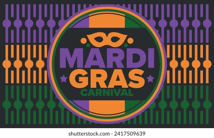 Mardi Gras Carnival in New Orleans. Fat Tuesday. Traditional holiday, celebration annual. Folk festival, costume masquerade, fun party. Carnival mask. Poster, card, banner and background. Vector