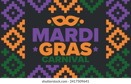 Mardi Gras Carnival in New Orleans. Fat Tuesday. Traditional holiday, celebration annual. Folk festival, costume masquerade, fun party. Carnival mask. Poster, card, banner and background. Vector