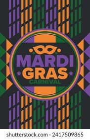 Mardi Gras Carnival in New Orleans. Fat Tuesday. Traditional holiday, celebration annual. Folk festival, costume masquerade, fun party. Carnival mask. Poster, card, banner and background. Vector