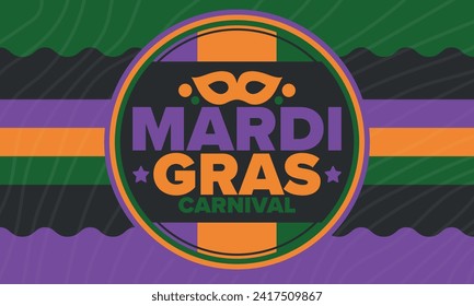 Mardi Gras Carnival in New Orleans. Fat Tuesday. Traditional holiday, celebration annual. Folk festival, costume masquerade, fun party. Carnival mask. Poster, card, banner and background. Vector