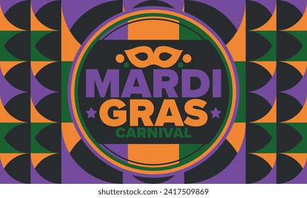 Mardi Gras Carnival in New Orleans. Fat Tuesday. Traditional holiday, celebration annual. Folk festival, costume masquerade, fun party. Carnival mask. Poster, card, banner and background. Vector