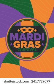 Mardi Gras Carnival in New Orleans. Fat Tuesday. Traditional holiday, celebration annual. Folk festival, costume masquerade, fun party. Carnival mask. Poster, card, banner and background. Vector