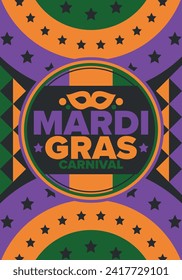 Mardi Gras Carnival in New Orleans. Fat Tuesday. Traditional holiday, celebration annual. Folk festival, costume masquerade, fun party. Carnival mask. Poster, card, banner and background. Vector