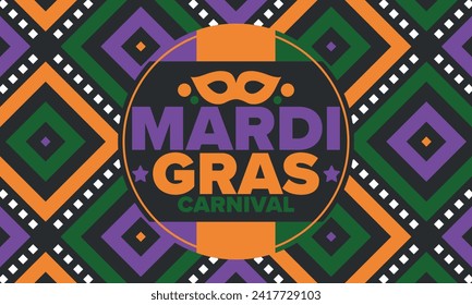 Mardi Gras Carnival in New Orleans. Fat Tuesday. Traditional holiday, celebration annual. Folk festival, costume masquerade, fun party. Carnival mask. Poster, card, banner and background. Vector