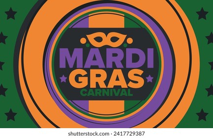 Mardi Gras Carnival in New Orleans. Fat Tuesday. Traditional holiday, celebration annual. Folk festival, costume masquerade, fun party. Carnival mask. Poster, card, banner and background. Vector