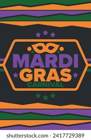 Mardi Gras Carnival in New Orleans. Fat Tuesday. Traditional holiday, celebration annual. Folk festival, costume masquerade, fun party. Carnival mask. Poster, card, banner and background. Vector