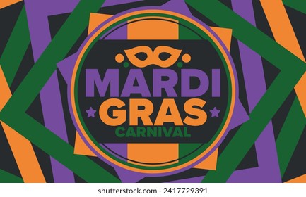 Mardi Gras Carnival in New Orleans. Fat Tuesday. Traditional holiday, celebration annual. Folk festival, costume masquerade, fun party. Carnival mask. Poster, card, banner and background. Vector