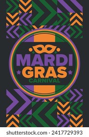 Mardi Gras Carnival in New Orleans. Fat Tuesday. Traditional holiday, celebration annual. Folk festival, costume masquerade, fun party. Carnival mask. Poster, card, banner and background. Vector