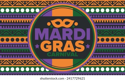 Mardi Gras Carnival in New Orleans. Fat Tuesday. Traditional holiday, celebration annual. Folk festival, costume masquerade, fun party. Carnival mask. Poster, card, banner and background. Vector