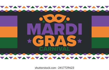 Mardi Gras Carnival in New Orleans. Fat Tuesday. Traditional holiday, celebration annual. Folk festival, costume masquerade, fun party. Carnival mask. Poster, card, banner and background. Vector