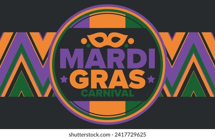 Mardi Gras Carnival in New Orleans. Fat Tuesday. Traditional holiday, celebration annual. Folk festival, costume masquerade, fun party. Carnival mask. Poster, card, banner and background. Vector