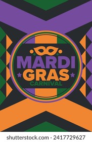 Mardi Gras Carnival in New Orleans. Fat Tuesday. Traditional holiday, celebration annual. Folk festival, costume masquerade, fun party. Carnival mask. Poster, card, banner and background. Vector