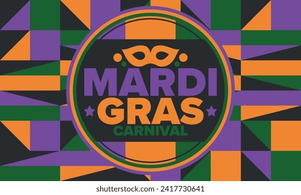 Mardi Gras Carnival in New Orleans. Fat Tuesday. Traditional holiday, celebration annual. Folk festival, costume masquerade, fun party. Carnival mask. Poster, card, banner and background. Vector