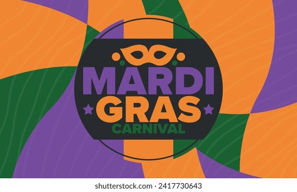 Mardi Gras Carnival in New Orleans. Fat Tuesday. Traditional holiday, celebration annual. Folk festival, costume masquerade, fun party. Carnival mask. Poster, card, banner and background. Vector