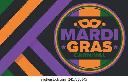 Mardi Gras Carnival in New Orleans. Fat Tuesday. Traditional holiday, celebration annual. Folk festival, costume masquerade, fun party. Carnival mask. Poster, card, banner and background. Vector