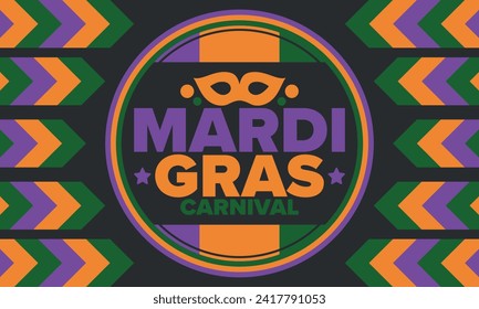 Mardi Gras Carnival in New Orleans. Fat Tuesday. Traditional holiday, celebration annual. Folk festival, costume masquerade, fun party. Carnival mask. Poster, card, banner and background. Vector