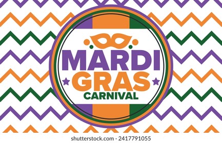 Mardi Gras Carnival in New Orleans. Fat Tuesday. Traditional holiday, celebration annual. Folk festival, costume masquerade, fun party. Carnival mask. Poster, card, banner and background. Vector