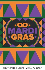 Mardi Gras Carnival in New Orleans. Fat Tuesday. Traditional holiday, celebration annual. Folk festival, costume masquerade, fun party. Carnival mask. Poster, card, banner and background. Vector