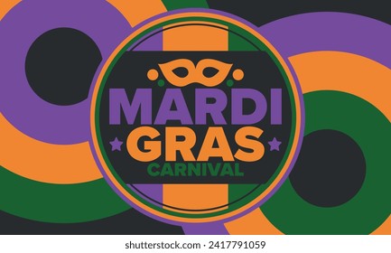 Mardi Gras Carnival in New Orleans. Fat Tuesday. Traditional holiday, celebration annual. Folk festival, costume masquerade, fun party. Carnival mask. Poster, card, banner and background. Vector