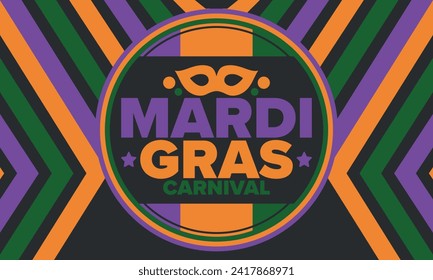 Mardi Gras Carnival in New Orleans. Fat Tuesday. Traditional holiday, celebration annual. Folk festival, costume masquerade, fun party. Carnival mask. Poster, card, banner and background. Vector