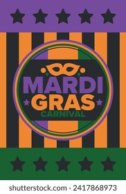 Mardi Gras Carnival in New Orleans. Fat Tuesday. Traditional holiday, celebration annual. Folk festival, costume masquerade, fun party. Carnival mask. Poster, card, banner and background. Vector