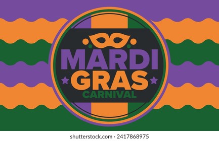 Mardi Gras Carnival in New Orleans. Fat Tuesday. Traditional holiday, celebration annual. Folk festival, costume masquerade, fun party. Carnival mask. Poster, card, banner and background. Vector