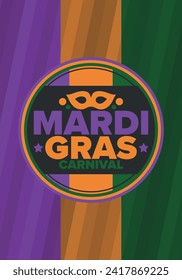 Mardi Gras Carnival in New Orleans. Fat Tuesday. Traditional holiday, celebration annual. Folk festival, costume masquerade, fun party. Carnival mask. Poster, card, banner and background. Vector