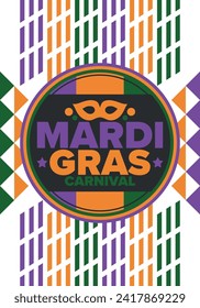 Mardi Gras Carnival in New Orleans. Fat Tuesday. Traditional holiday, celebration annual. Folk festival, costume masquerade, fun party. Carnival mask. Poster, card, banner and background. Vector