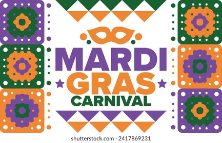 Mardi Gras Carnival in New Orleans. Fat Tuesday. Traditional holiday, celebration annual. Folk festival, costume masquerade, fun party. Carnival mask. Poster, card, banner and background. Vector