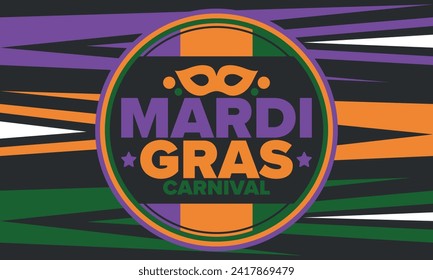 Mardi Gras Carnival in New Orleans. Fat Tuesday. Traditional holiday, celebration annual. Folk festival, costume masquerade, fun party. Carnival mask. Poster, card, banner and background. Vector
