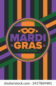 Mardi Gras Carnival in New Orleans. Fat Tuesday. Traditional holiday, celebration annual. Folk festival, costume masquerade, fun party. Carnival mask. Poster, card, banner and background. Vector