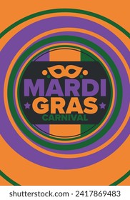 Mardi Gras Carnival in New Orleans. Fat Tuesday. Traditional holiday, celebration annual. Folk festival, costume masquerade, fun party. Carnival mask. Poster, card, banner and background. Vector