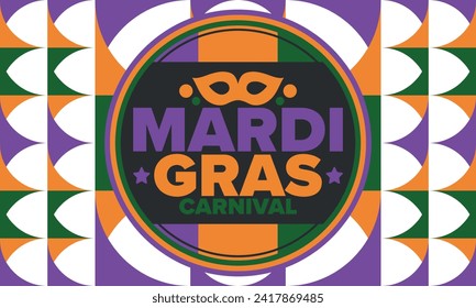 Mardi Gras Carnival in New Orleans. Fat Tuesday. Traditional holiday, celebration annual. Folk festival, costume masquerade, fun party. Carnival mask. Poster, card, banner and background. Vector