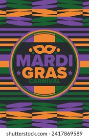 Mardi Gras Carnival in New Orleans. Fat Tuesday. Traditional holiday, celebration annual. Folk festival, costume masquerade, fun party. Carnival mask. Poster, card, banner and background. Vector