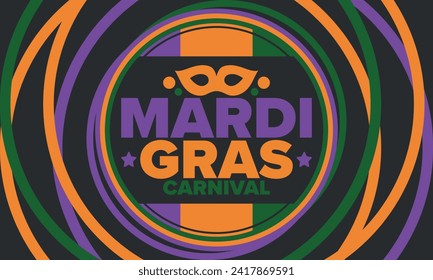 Mardi Gras Carnival in New Orleans. Fat Tuesday. Traditional holiday, celebration annual. Folk festival, costume masquerade, fun party. Carnival mask. Poster, card, banner and background. Vector