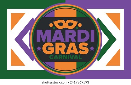 Mardi Gras Carnival in New Orleans. Fat Tuesday. Traditional holiday, celebration annual. Folk festival, costume masquerade, fun party. Carnival mask. Poster, card, banner and background. Vector