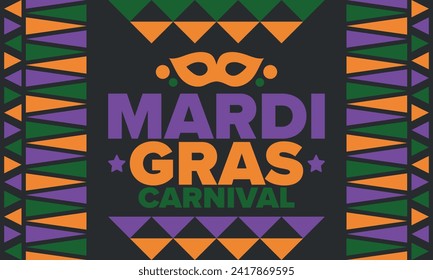 Mardi Gras Carnival in New Orleans. Fat Tuesday. Traditional holiday, celebration annual. Folk festival, costume masquerade, fun party. Carnival mask. Poster, card, banner and background. Vector